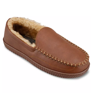 Brown loafers with a faux leather exterior, cozy faux fur lining, and moccasin-style stitching. They offer a comfortable fit with a rubber sole, suitable for indoor use.