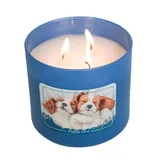 A blue candle with three wicks features an image of two sleeping puppies and the text \“Puppy Love\“ on the front.