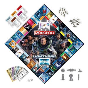This is a Lightyear-themed Monopoly board game featuring characters and elements from the Pixar movie, with custom game tokens, property cards, and money.