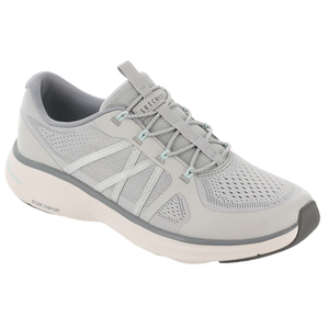 Gray Skechers athletic shoe with mesh panels, elastic laces, and D'LUX COMFORT sole.