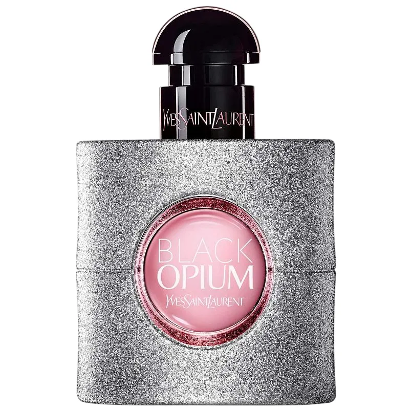 Yves Saint Laurent Black Opium perfume in a glittery silver bottle with a pink center and black cap.