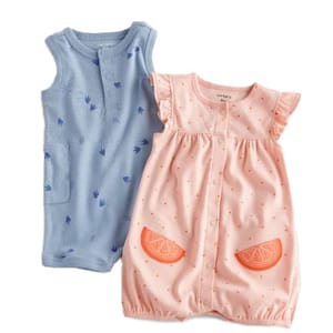 Carter's Snap-Up Rompers feature a sleeveless blue romper with small blue prints and a peach short-sleeve romper with orange slice pocket designs.