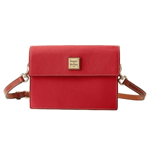 A red textured leather crossbody bag with a flap closure, gold-tone hardware, and a Dooney & Bourke logo on the front.
