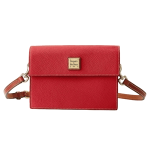 A red textured leather crossbody bag with a flap closure, gold-tone hardware, and a Dooney & Bourke logo on the front.