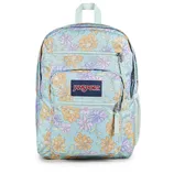 JanSport backpack with a floral pattern in shades of blue, orange, and purple. Features multiple zippered compartments and side mesh pockets.