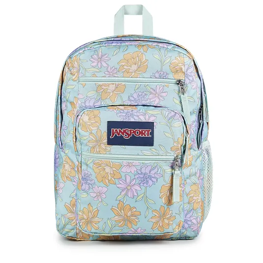JanSport backpack with a floral pattern in shades of blue, orange, and purple. Features multiple zippered compartments and side mesh pockets.