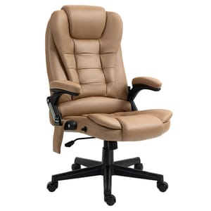 Tan leather office chair with cushioned back, adjustable armrests, and a black wheeled base.