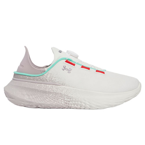 White Under Armour running shoe with turquoise and red accents, featuring a sleek design and prominent branding on the side.