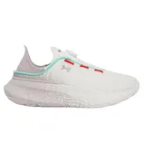 White Under Armour running shoe with turquoise and red accents, featuring a sleek design and prominent branding on the side.