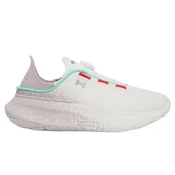 White Under Armour running shoe with turquoise and red accents, featuring a sleek design and prominent branding on the side.