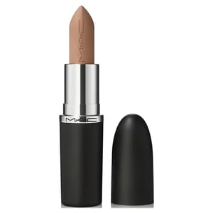 A MAC lipstick in a light brown shade is shown with its cap off. The packaging is black with a silver metallic band.