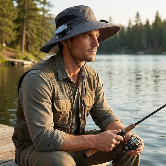 A person is fishing while wearing a wide-brimmed hat, a fishing vest, and a long-sleeve shirt.