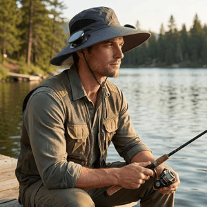 A person is fishing while wearing a wide-brimmed hat, a fishing vest, and a long-sleeve shirt.