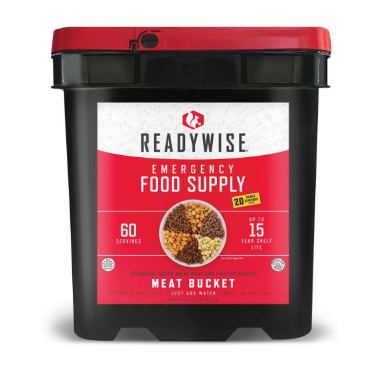 A black and red bucket labeled \“ReadyWise Emergency Food Supply\“ with a 15-year shelf life, offering 60 servings of freeze-dried meat.