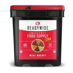 A black and red bucket labeled \“ReadyWise Emergency Food Supply\“ with a 15-year shelf life, offering 60 servings of freeze-dried meat.