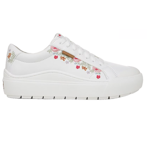 White sneaker with colorful floral embroidery on the sides, featuring a platform sole and lace-up design.