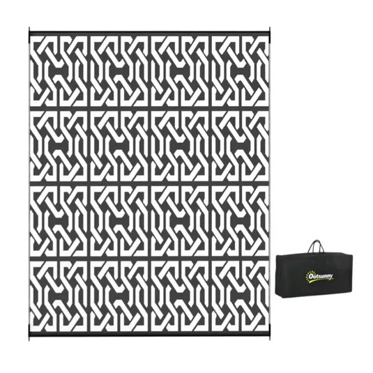 Retractable outdoor privacy screen with a geometric pattern and a storage bag, branded \“Outsunny\“.
