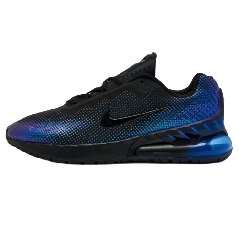 Black sneaker with blue gradient detailing, featuring a visible Air Max cushioning unit and a sleek Nike swoosh logo on the side.