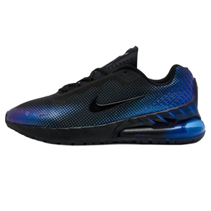 Black sneaker with blue gradient detailing, featuring a visible Air Max cushioning unit and a sleek Nike swoosh logo on the side.