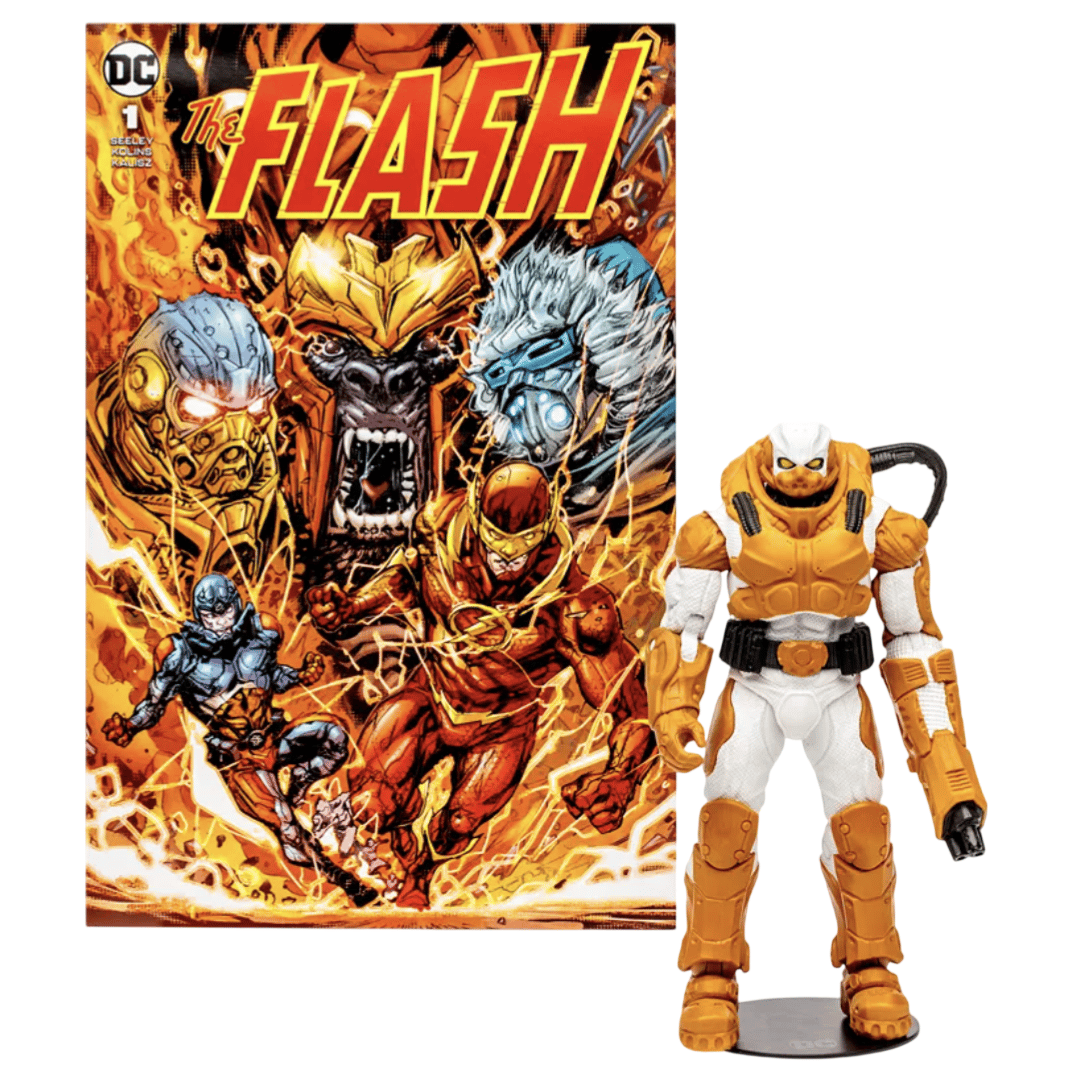 The image shows a comic book cover of \“The Flash #1\“ featuring multiple characters, alongside an action figure in orange and white armor.