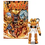 The image shows a comic book cover of \“The Flash #1\“ featuring multiple characters, alongside an action figure in orange and white armor.