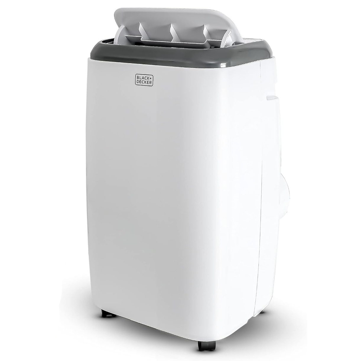 White portable air conditioner on wheels featuring a sleek design with a gray top, branded as BLACK+DECKER, suitable for easy movement and efficient cooling of indoor spaces.