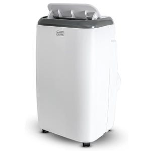 White portable air conditioner on wheels featuring a sleek design with a gray top, branded as BLACK+DECKER, suitable for easy movement and efficient cooling of indoor spaces.