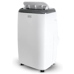White portable air conditioner on wheels featuring a sleek design with a gray top, branded as BLACK+DECKER, suitable for easy movement and efficient cooling of indoor spaces.