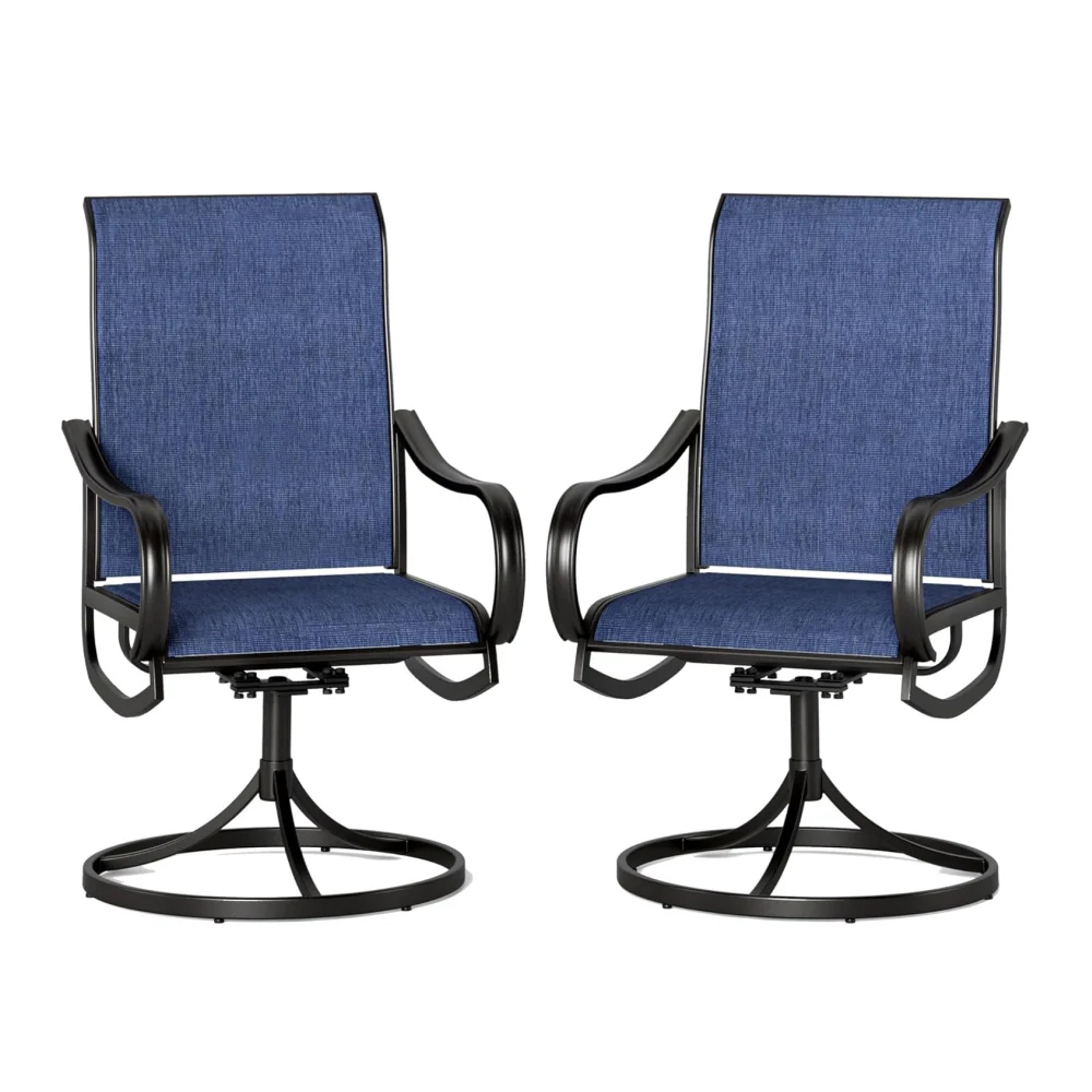 Pair of patio swivel chairs with blue cushions and black metal frames featuring armrests and circular bases for stability.