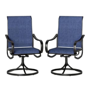 Pair of patio swivel chairs with blue cushions and black metal frames featuring armrests and circular bases for stability.