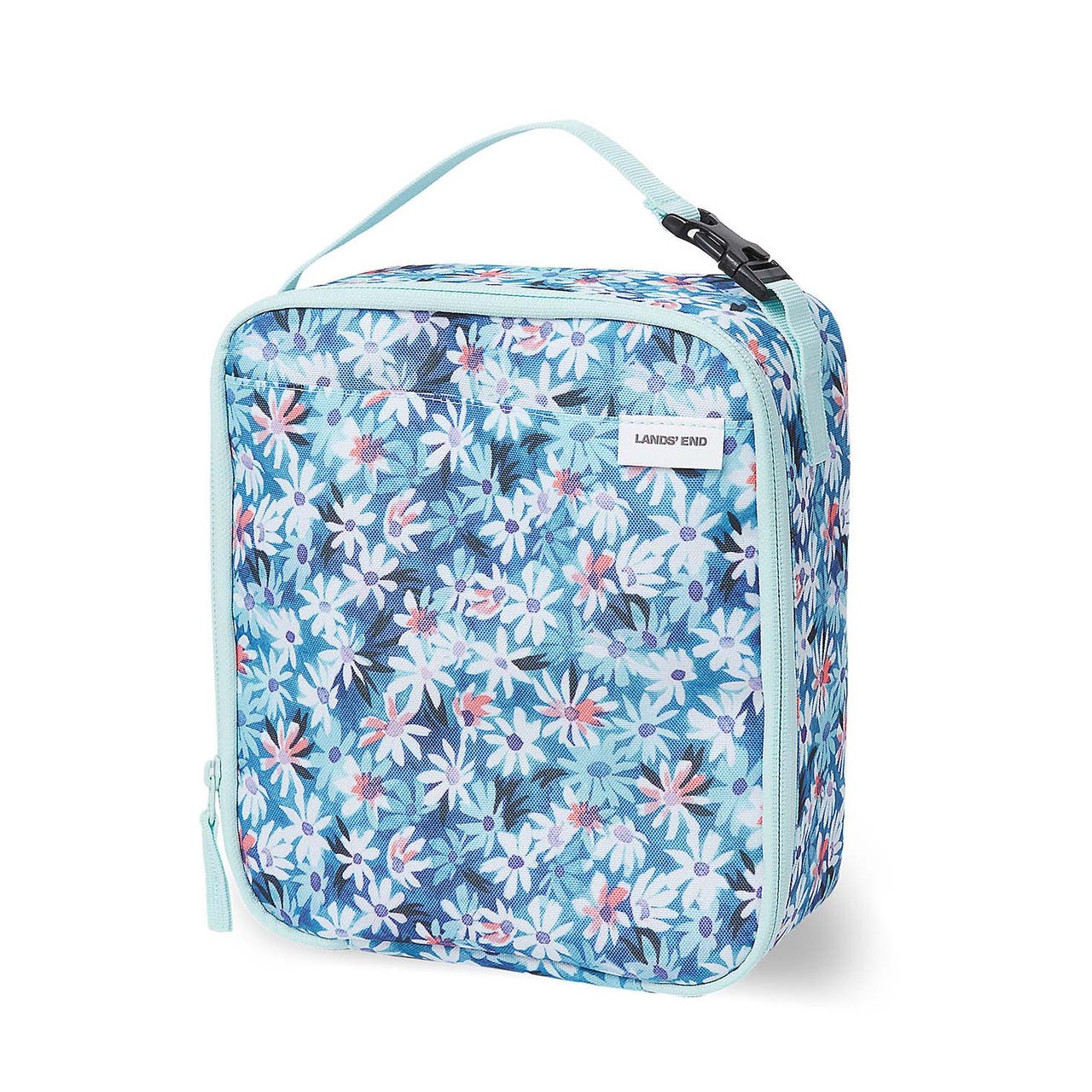 Floral-patterned insulated cooler bag with a light blue handle and trim. Suitable for carrying lunch or keeping items cool.