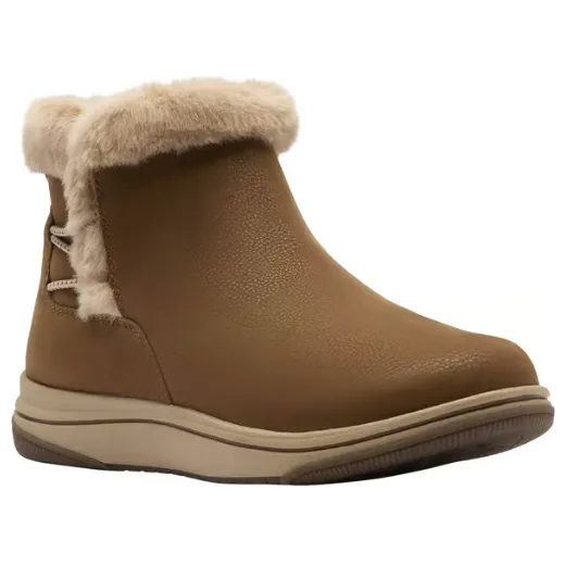 Brown ankle boot with a faux fur trim and stitching detail, featuring a textured surface and a cushioned sole for comfort.