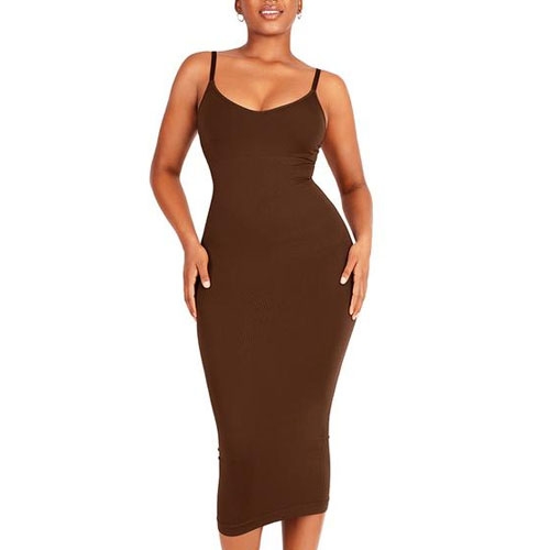 A form-fitting, sleeveless, brown midi dress with thin straps, designed for a stylish and elegant look.