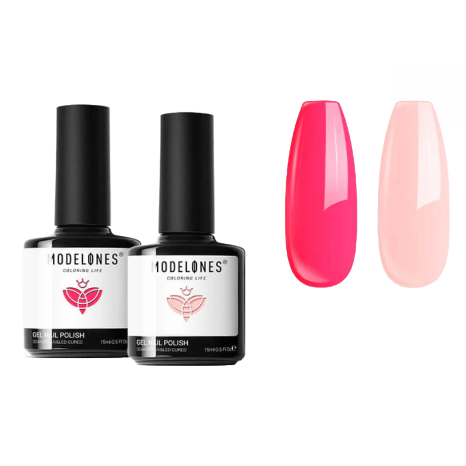 Two bottles of Modelones gel nail polish, featuring one vibrant pink and one soft pink shade.