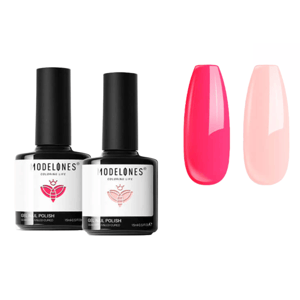 Two bottles of Modelones gel nail polish, featuring one vibrant pink and one soft pink shade.