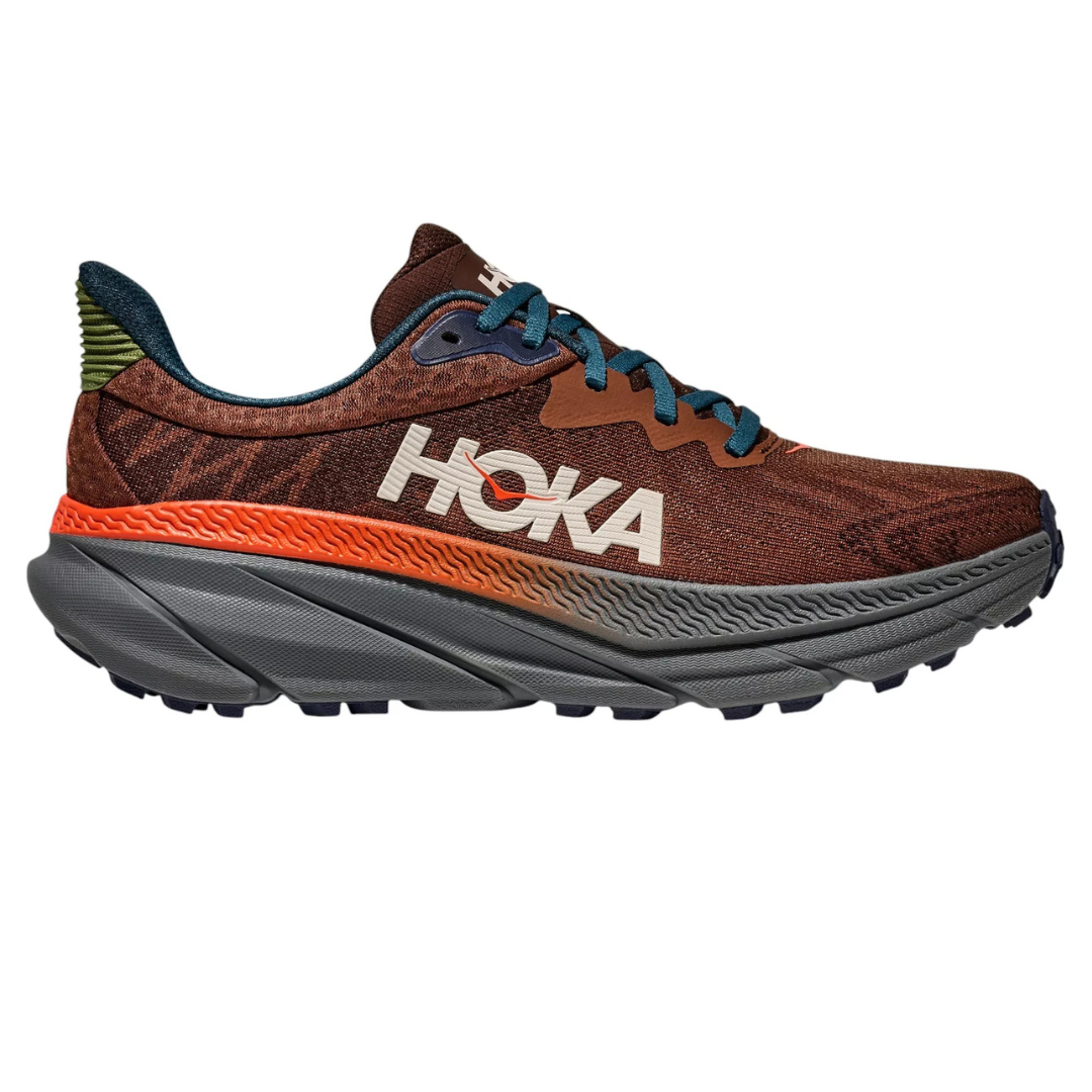 Hoka running shoe featuring a brown upper, orange and blue accents, and a thick gray sole with tread for traction.