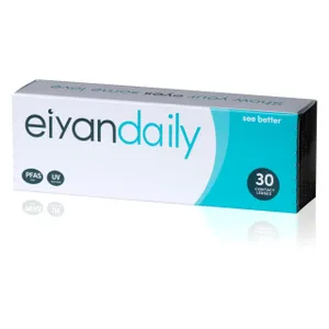 Box labeled \“Eiyan Daily\“ contains 30 contact lenses, features \“PFAS Free\“ and \“UV Blocking\“ icons, with the message \“see better.\“