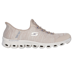 Skechers slip-ins sneaker with a beige knit upper, white Glide-Step sole, and lace accents.