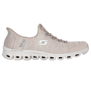 Skechers slip-ins sneaker with a beige knit upper, white Glide-Step sole, and lace accents.