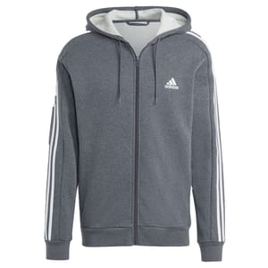 Gray Adidas zip-up hoodie with white stripes on the sleeves, featuring a hood and drawstrings.