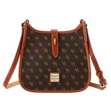 A Dooney & Bourke handbag with a brown leather trim and an adjustable strap, featuring a brown background with a repeating \“DB\“ pattern in gold.