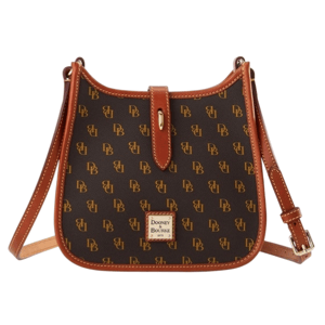 A Dooney & Bourke handbag with a brown leather trim and an adjustable strap, featuring a brown background with a repeating \“DB\“ pattern in gold.