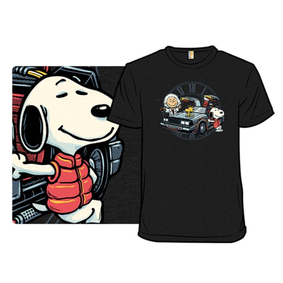 A black T-shirt features Snoopy and Woodstock in a parody of Back to the Future, with Snoopy wearing a red vest and standing next to a DeLorean car.