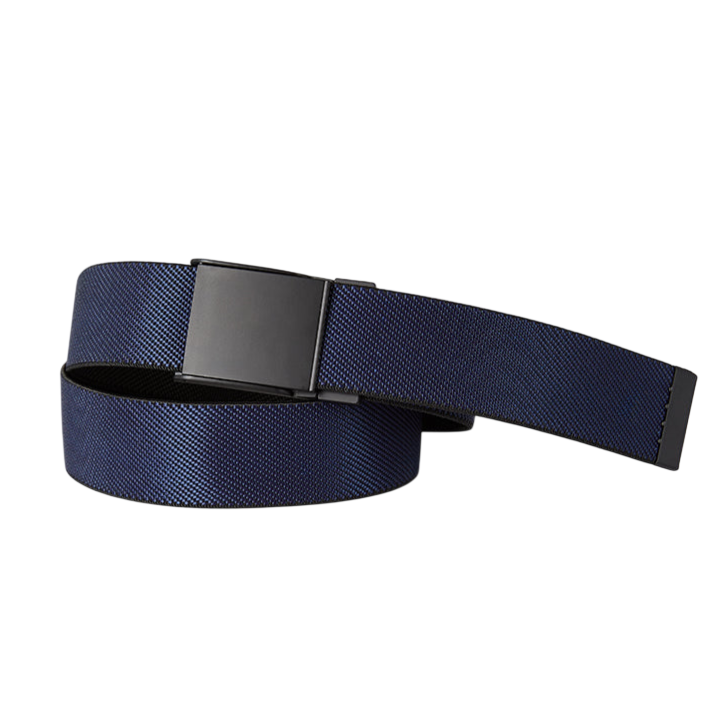 Dark blue fabric belt with a black matte buckle, designed in a simple yet durable style.