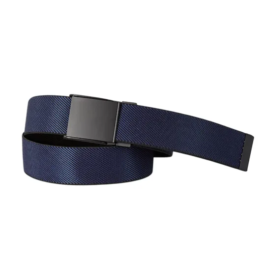 Dark blue fabric belt with a black matte buckle, designed in a simple yet durable style.