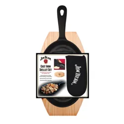 Jim Beam Cast Iron Skillet Set includes a skillet with handle sleeve and wooden trivet, ideal for stovetop and oven cooking.