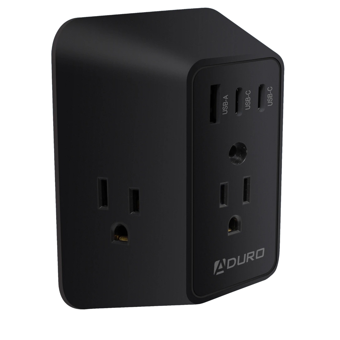 Black Aduro power cube with two AC outlets, one USB-A port, and two USB-C ports for charging multiple devices.