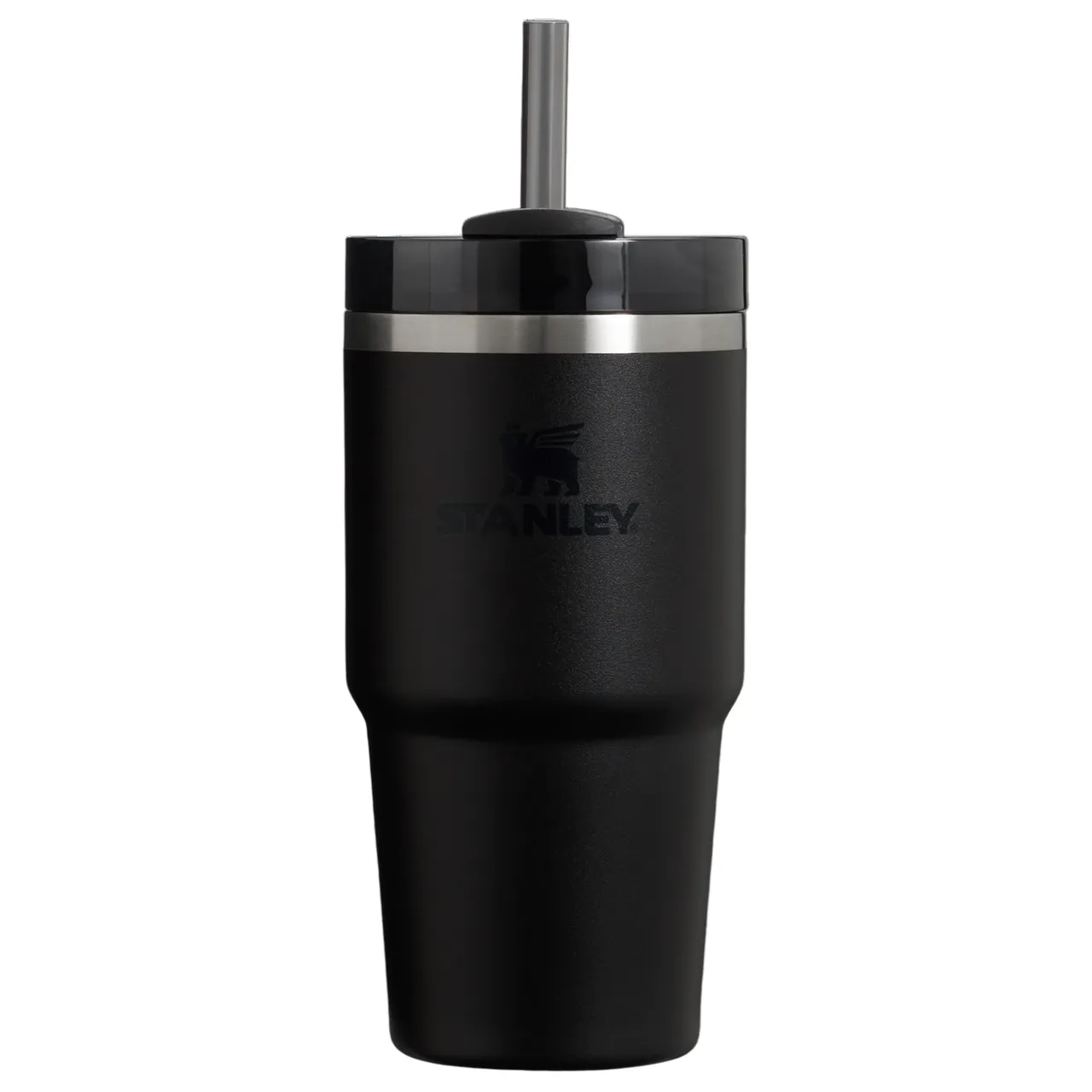 Black Stanley tumbler with a stainless steel rim and a straw.
