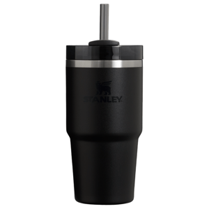 Black Stanley tumbler with a stainless steel rim and a straw.