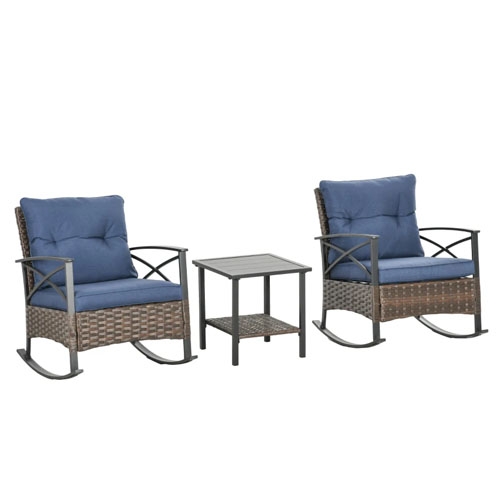 Two wicker rocking chairs with blue cushions and a matching square side table.